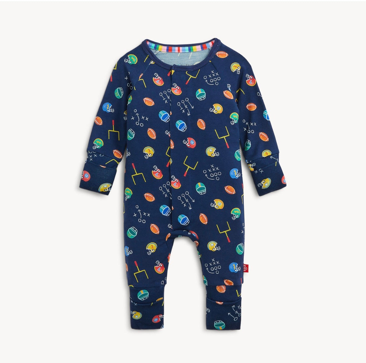 Magnetic Me First Down Fun modal convertible baby coverall in navy with a colorful sports print