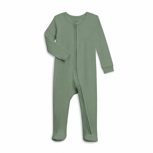 Colored Organics Classic Peyton Zipper Sleeper in solid Thyme green. 