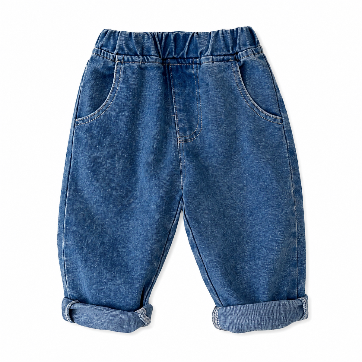 Blue unisex toddler jeans with elastic waistband, front pockets, and rolled cuffs.