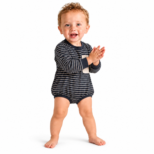 Harley Pocket Romper - Thin Deep Blue Stripe
