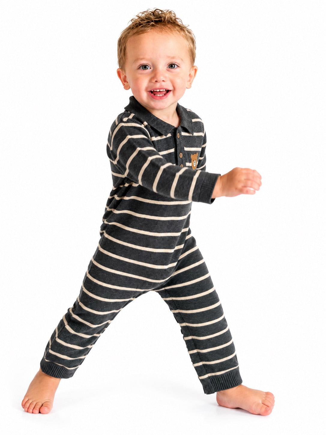 Bear Face Stripe & Collar Knit Jumpsuit