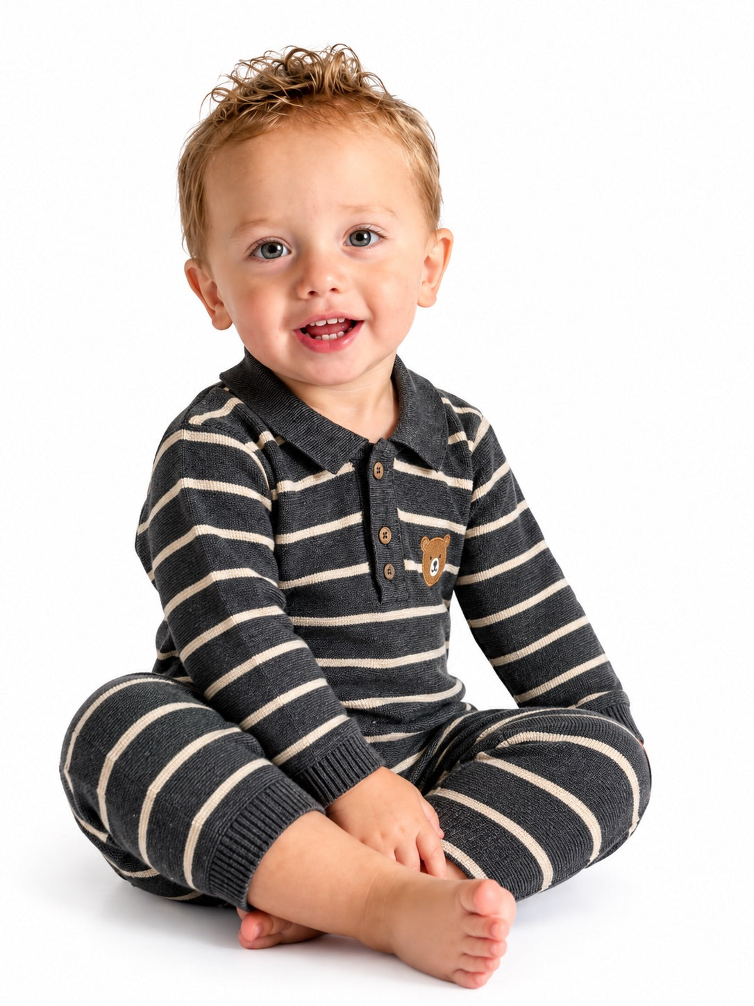 Bear Face Stripe & Collar Knit Jumpsuit