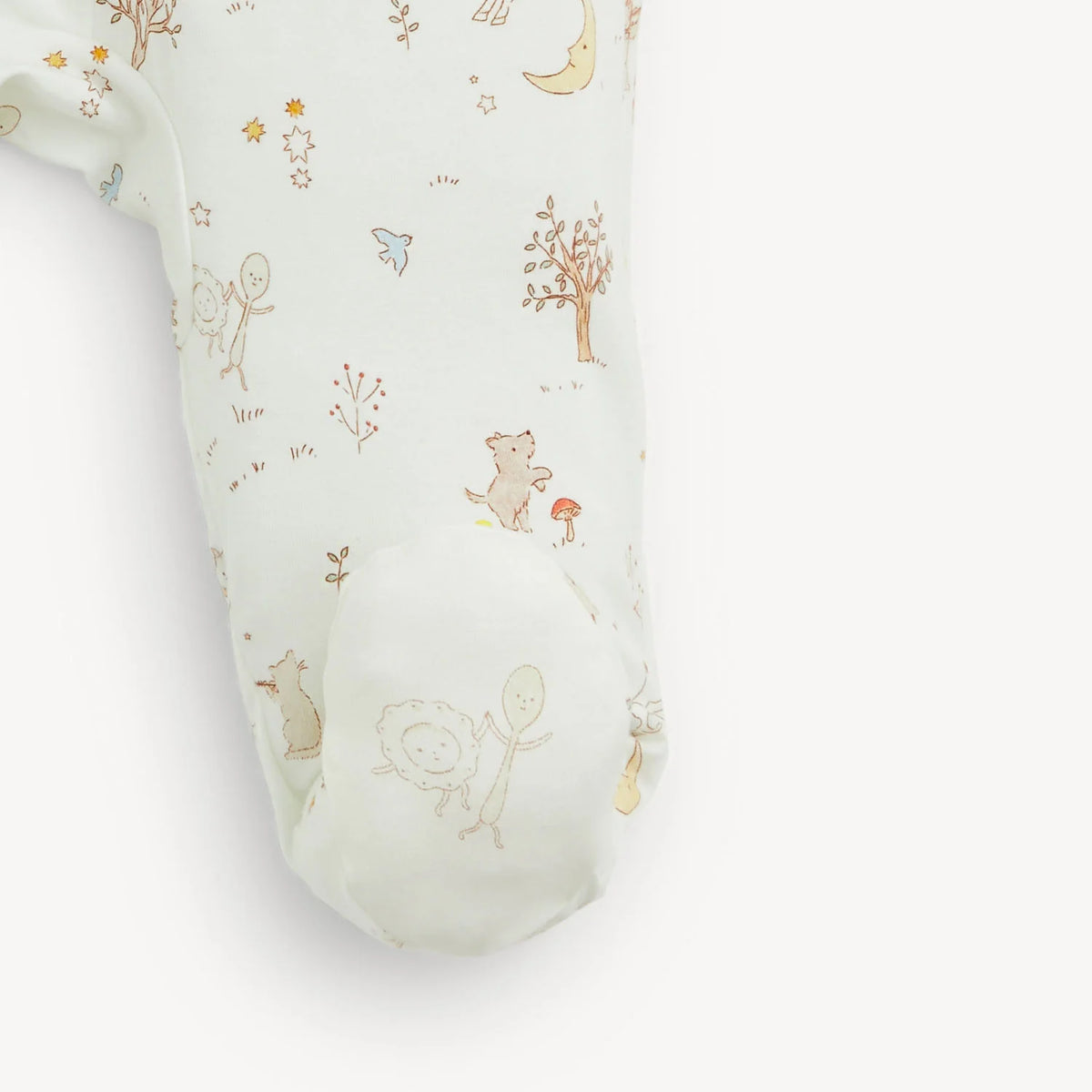 Close-up of Bedtime Rhymes modal footed pants and embroidered foot detail. 