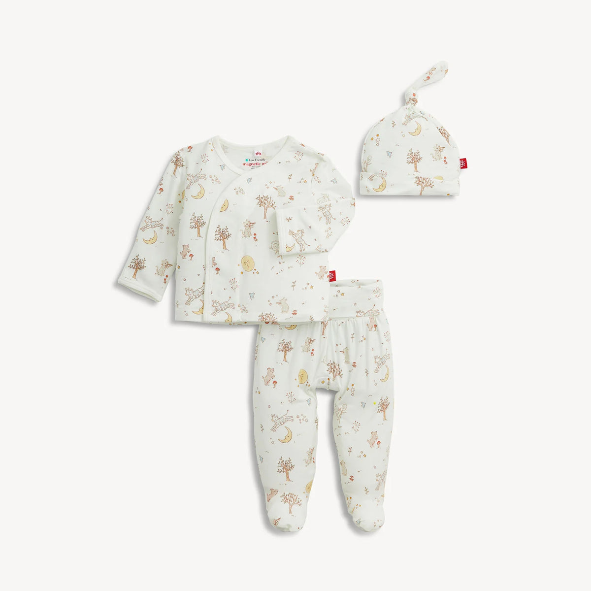 Magnetic Me Bedtime Rhymes cream modal magnetic take me home set with top, footed pants, and hat.