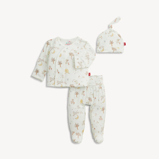 Magnetic Me Bedtime Rhymes cream modal magnetic take me home set with top, footed pants, and hat.