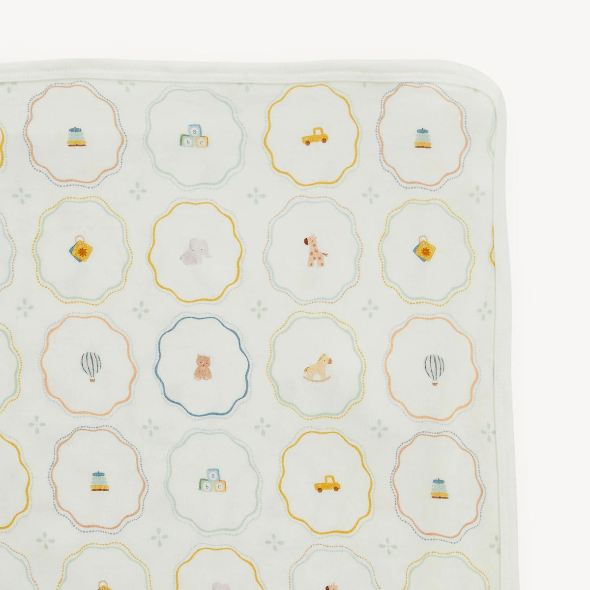 Close-up of Nursery Magic modal baby blanket print and cream border. 
