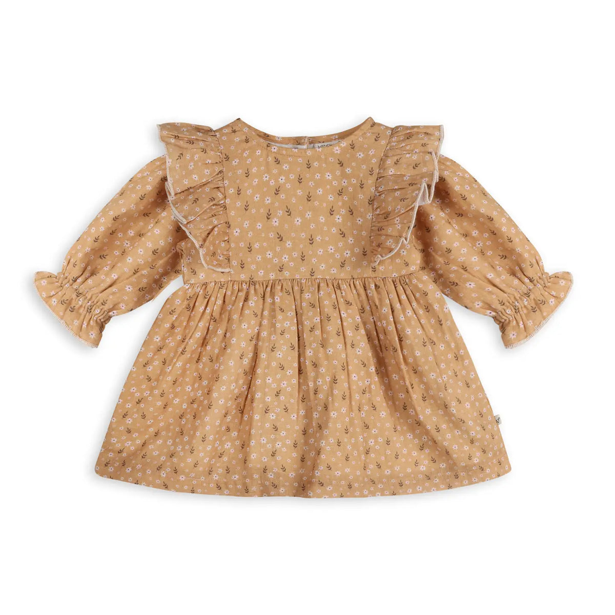 Mustard floral organic muslin baby dress with ruffled shoulders and long puff sleeves by Viverano Organics.