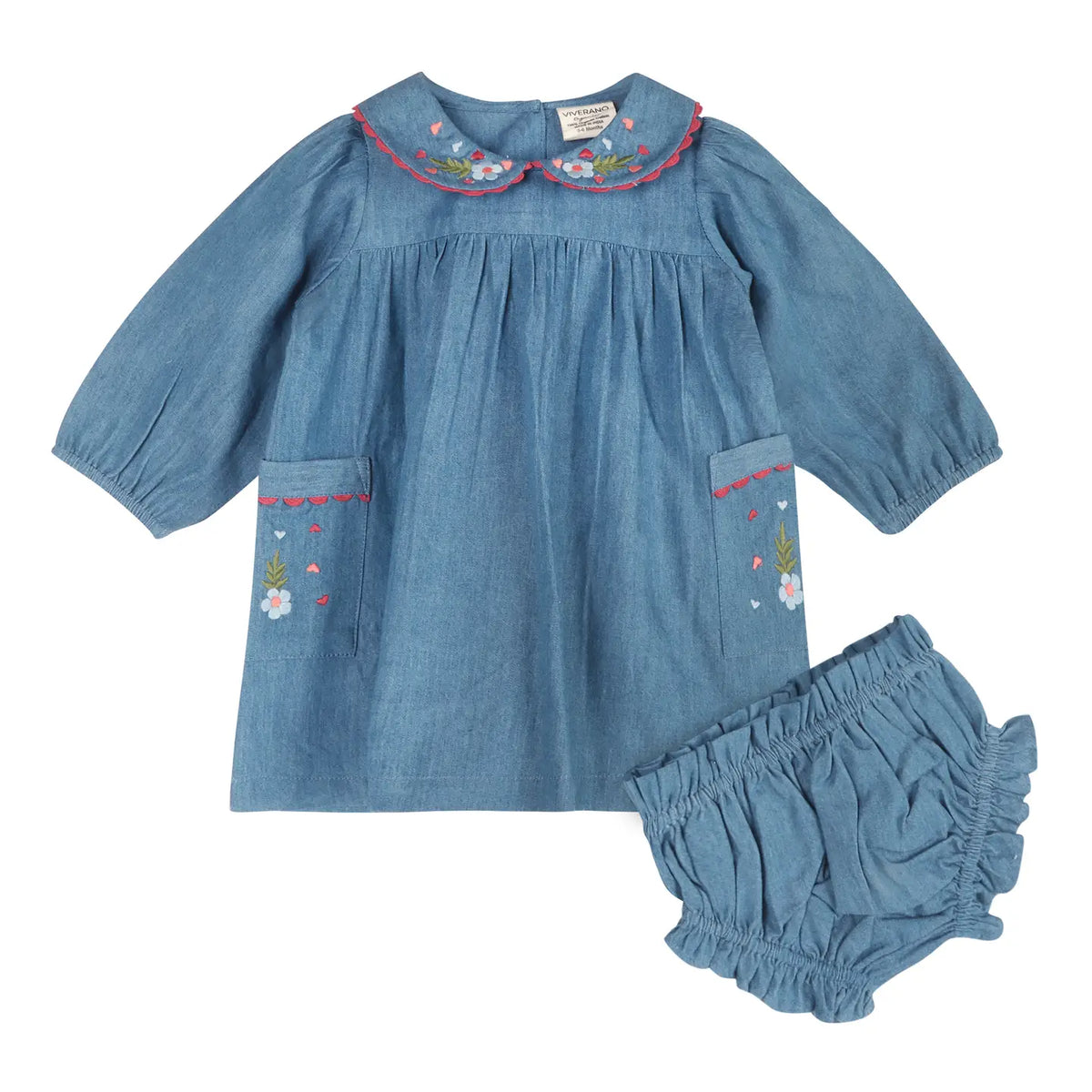 Viverano Organics Ida floral embroidered denim baby dress with matching bloomer.