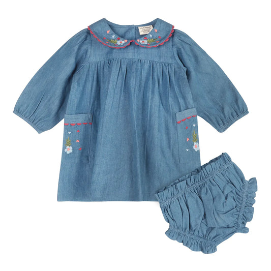 Viverano Organics Ida floral embroidered denim baby dress with matching bloomer.