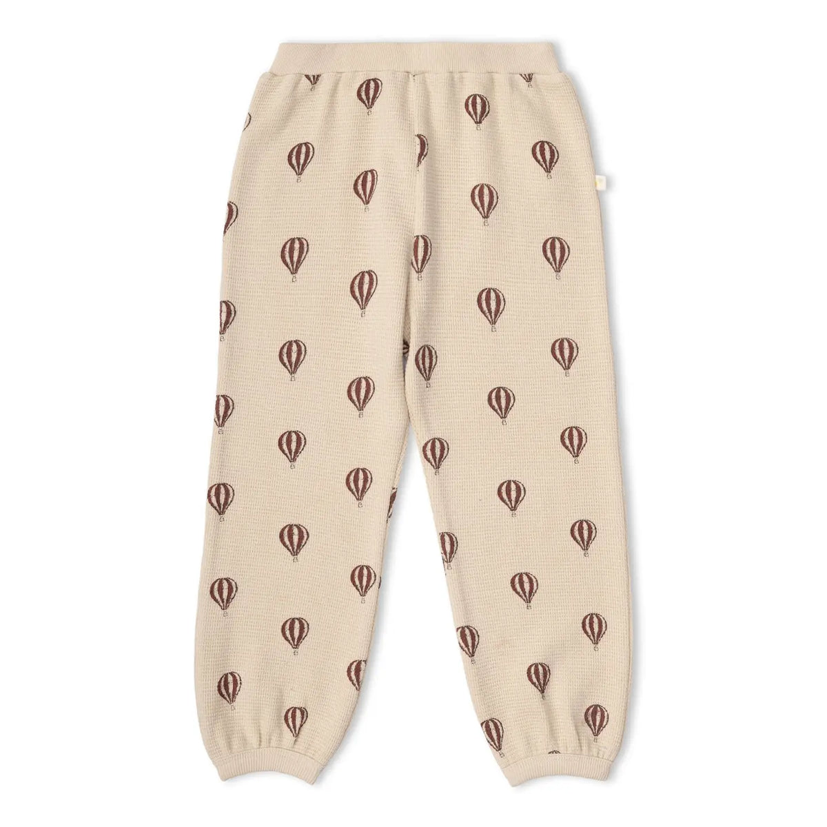 Balloon Voyage organic slouch pants with hot-air balloon print.