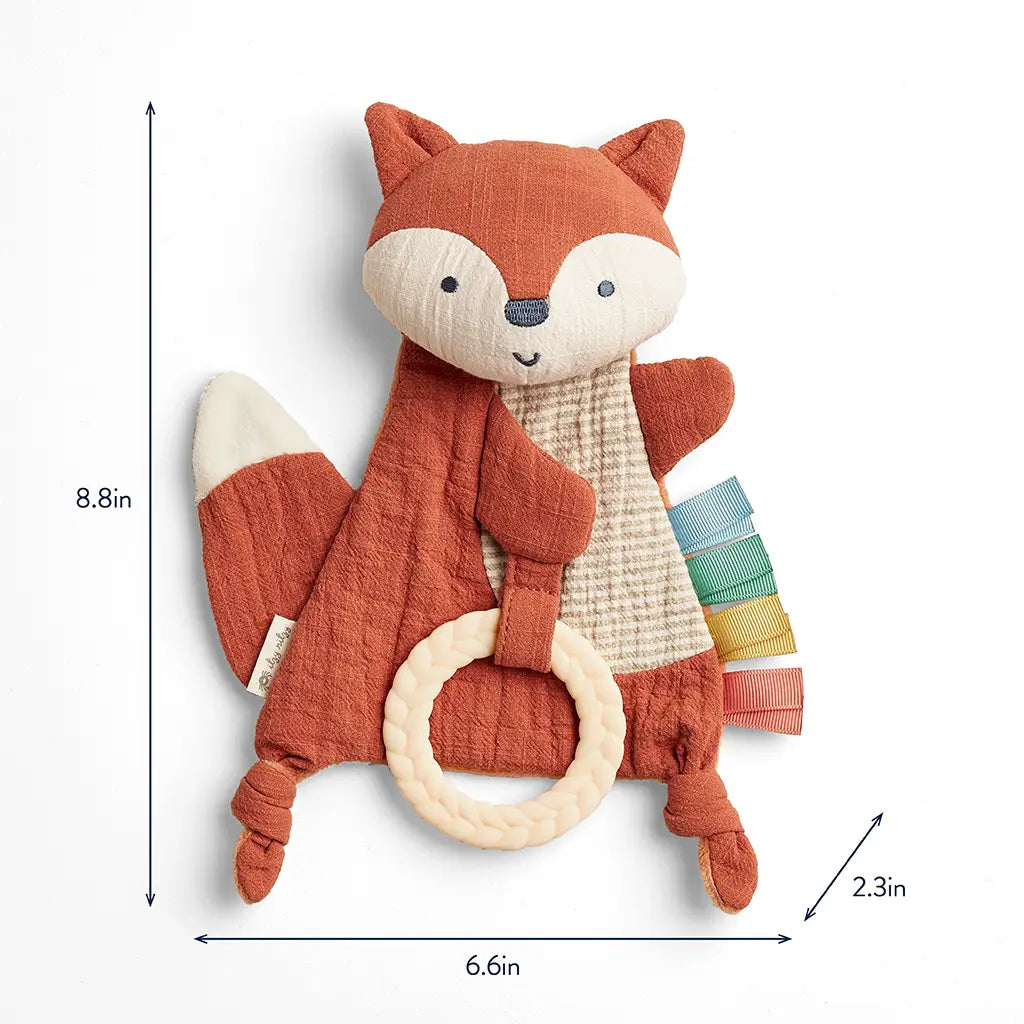 Fox Bitzy Crinkle soft cotton baby sensory toy with braided teething ring.