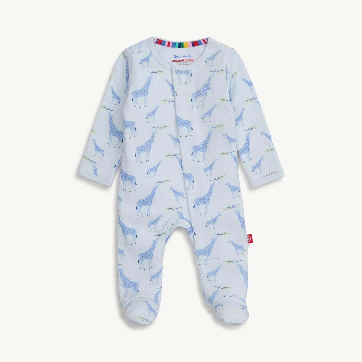 Blue Jolie Giraffe organic cotton magnetic footie by Magnetic Me. 