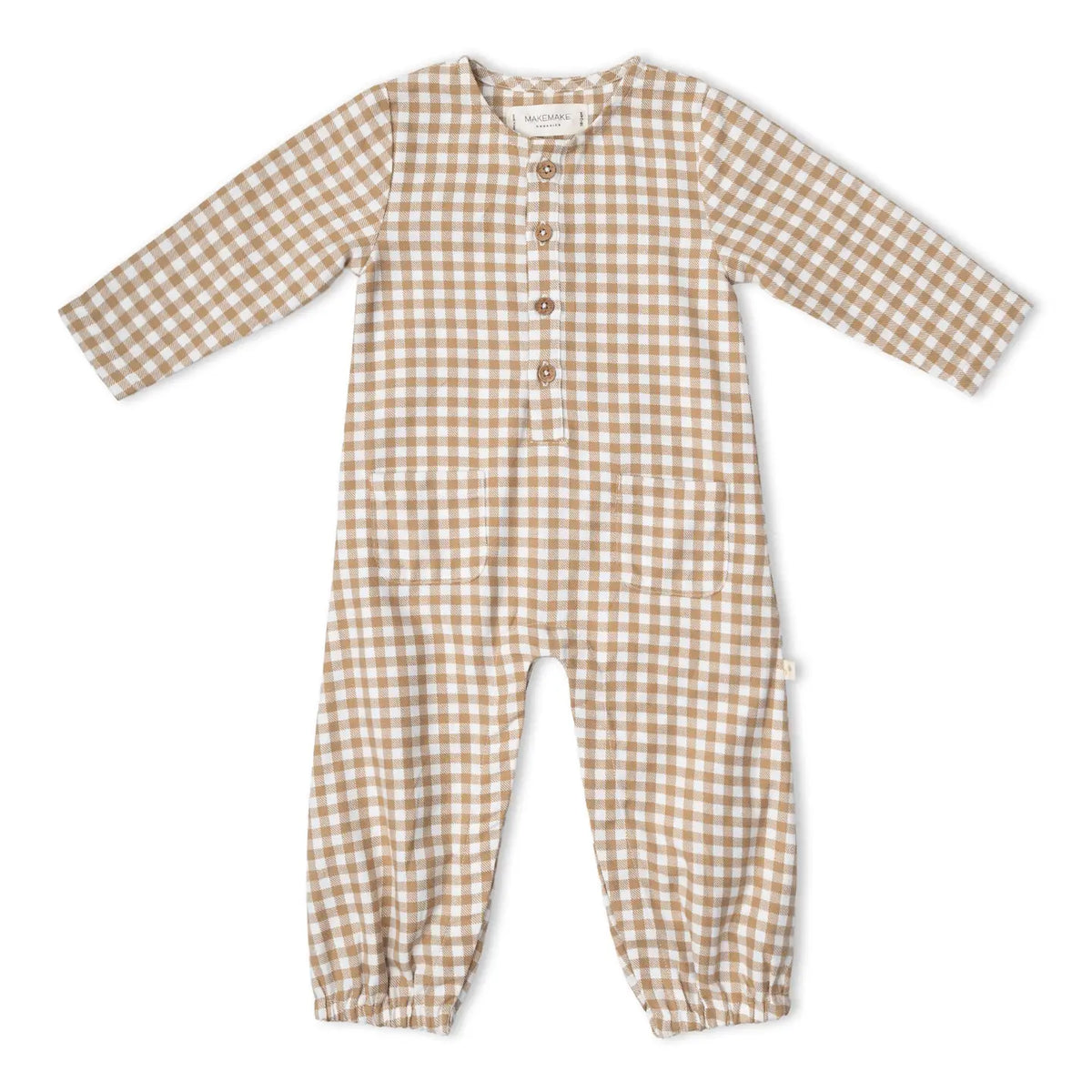 Makemake Organics Organic Long Sleeve Button Romper in Oat Gingham with a button-front closure and full-length sleeves and legs.