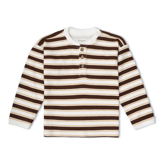 Makemake Organics Organic Henley Tee in Cocoa Stripe with long sleeves and a button-front neckline.