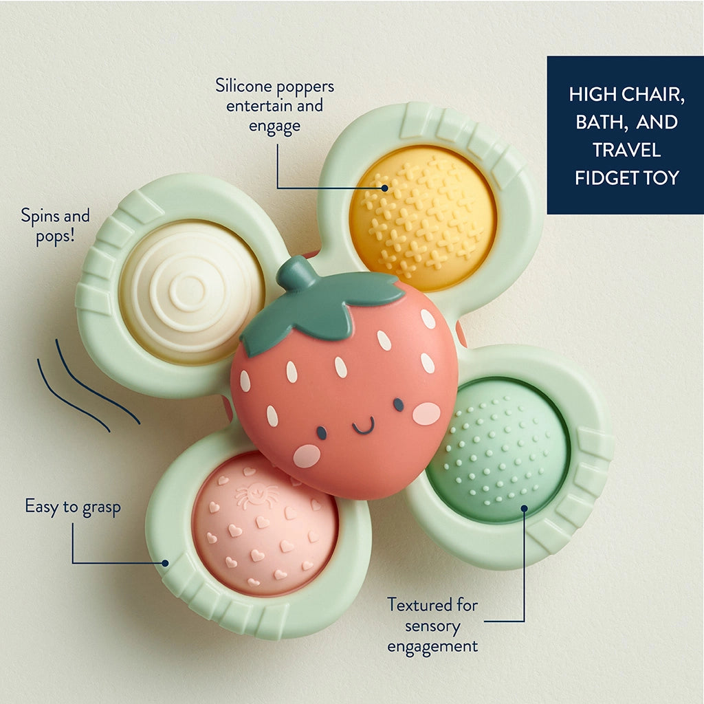 Bonnie the Strawberry sensory spinner with four textured silicone poppers.