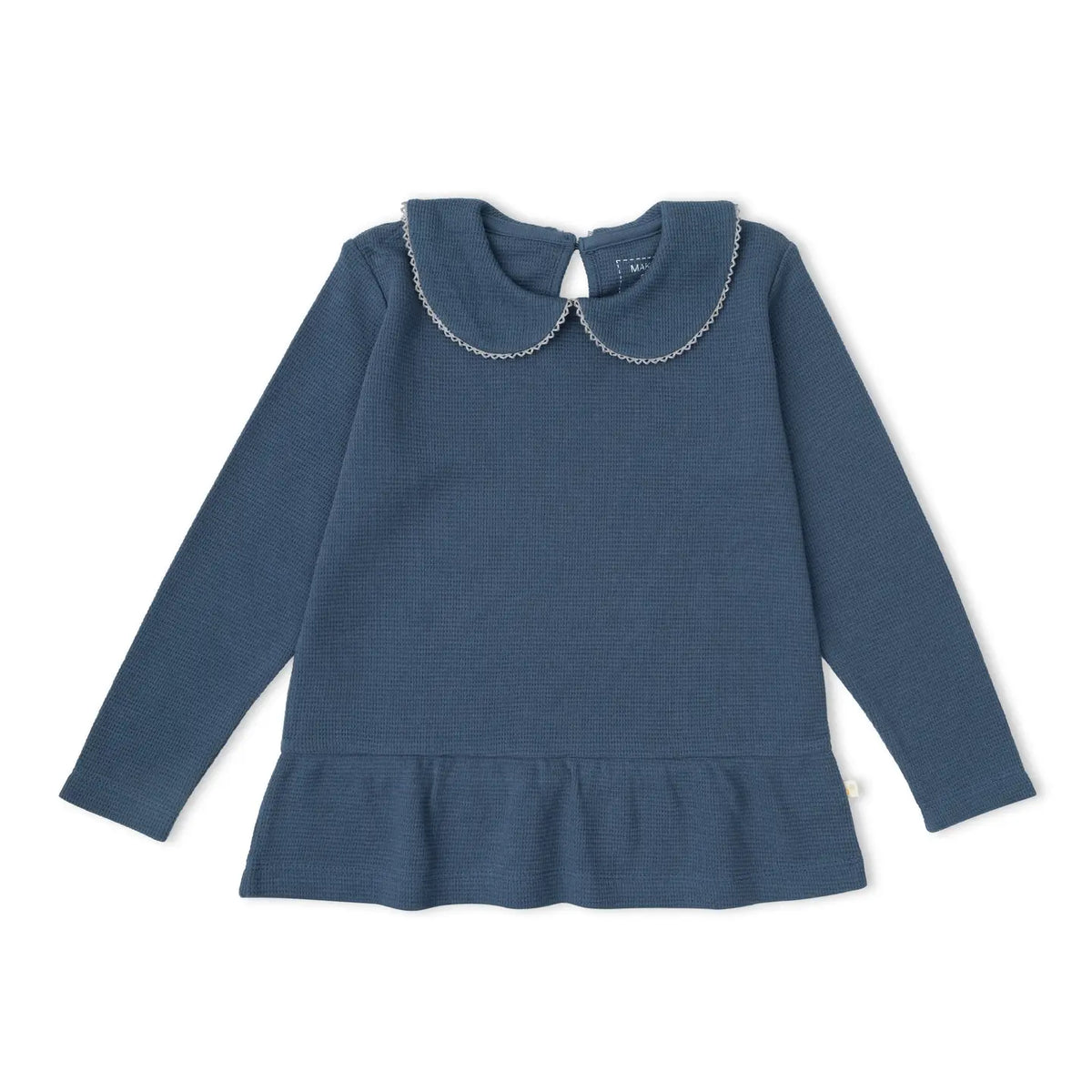 Makemake Organics solid Navy organic collar peplum top.