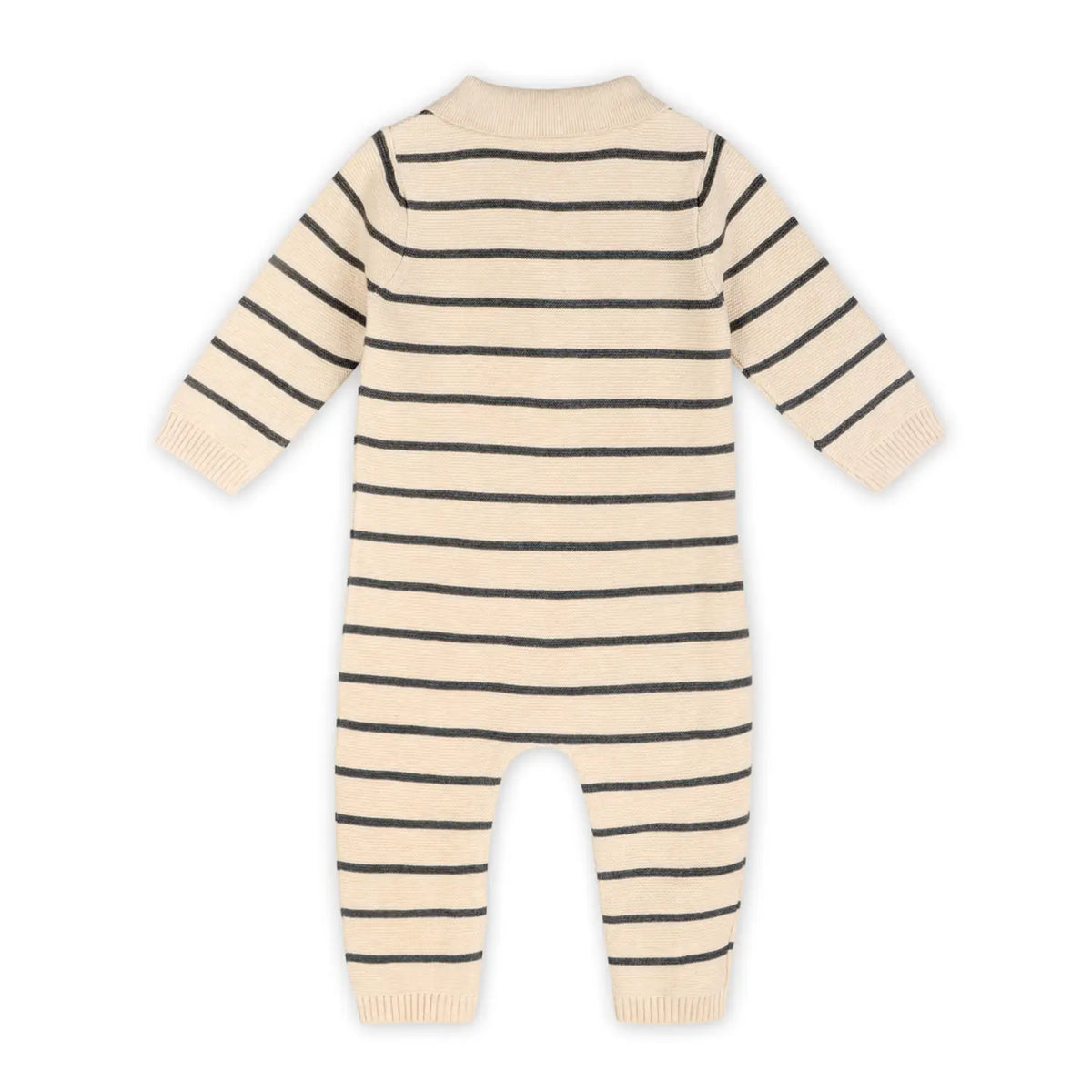 Back view of the Viverano Organics Stripe & Collar Knit Jumpsuit in Oatmeal.