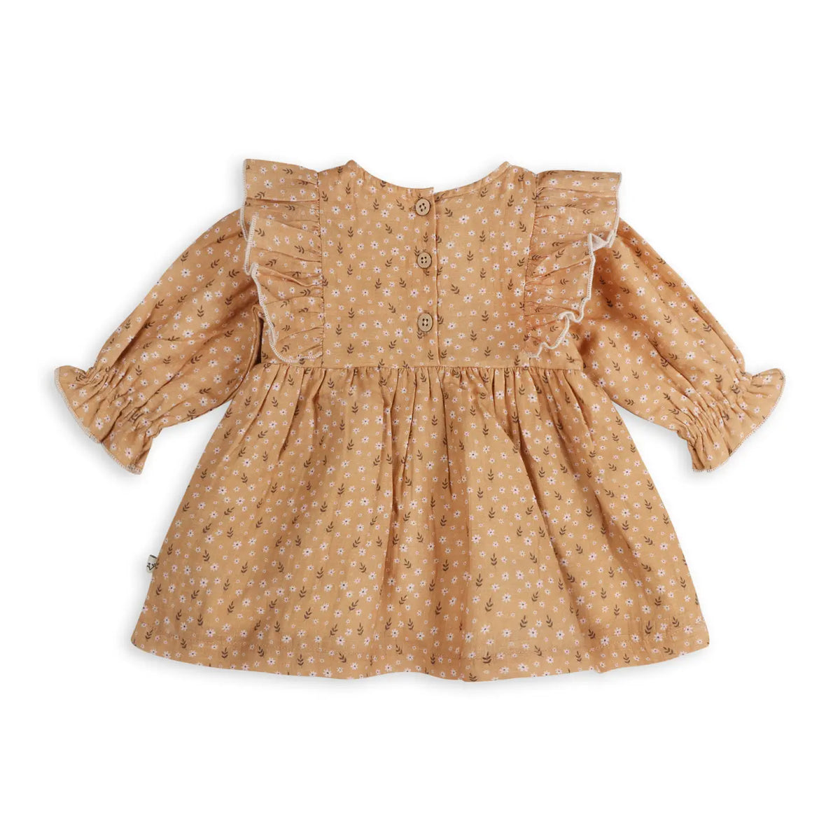 Back view of the Viverano Organics mustard floral organic muslin baby dress.