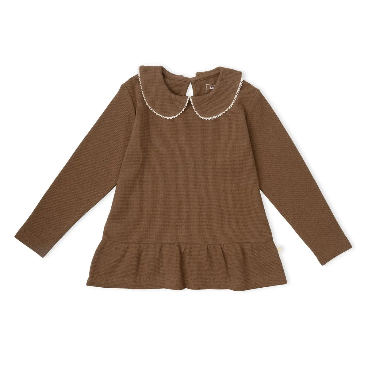 Makemake Organics solid Brown organic collar peplum top.
