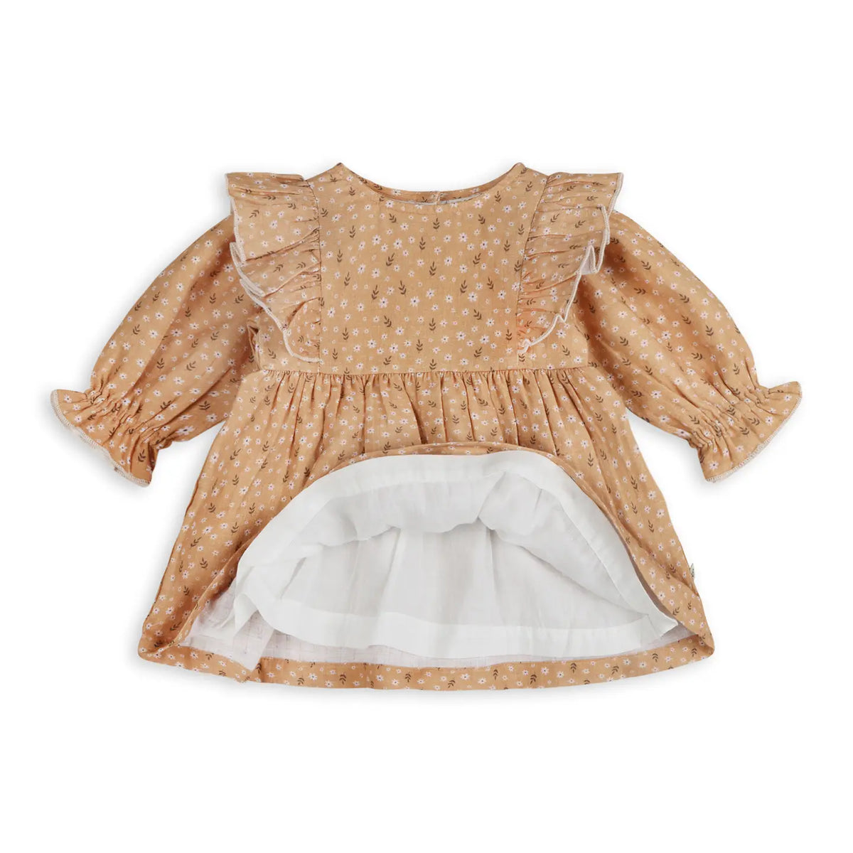 Mustard floral baby dress lifted to show its white organic cotton voile lining.