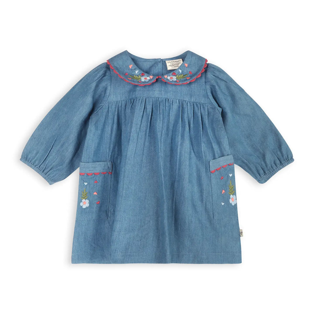 Front view of the Viverano Organics Ida denim dress with embroidered collar and pockets. 