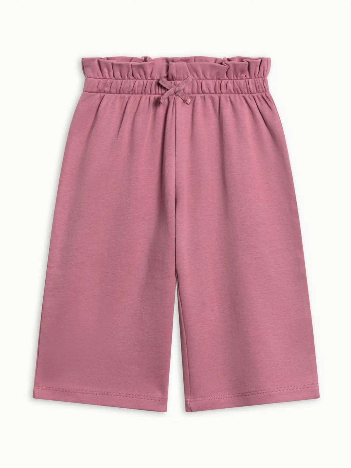 Colored Organics Mari Ruffle Waist Pants in Bloom dusty rose, featuring a ruffled waistband, bow detail, and straight legs.