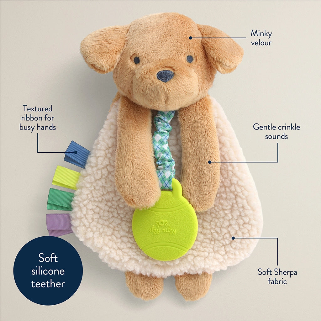 Trevor the Puppy sensory lovey with colorful textured ribbons.