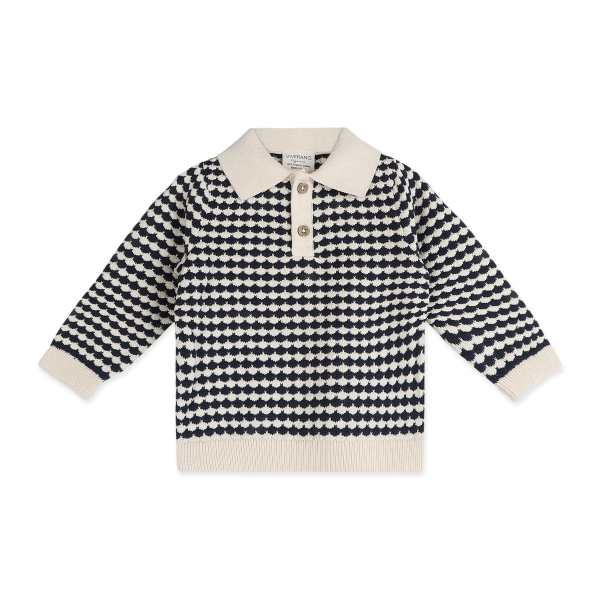 Front View of the Leo Navy Textured Knit Polo Pullover with cream collar and cuffs.