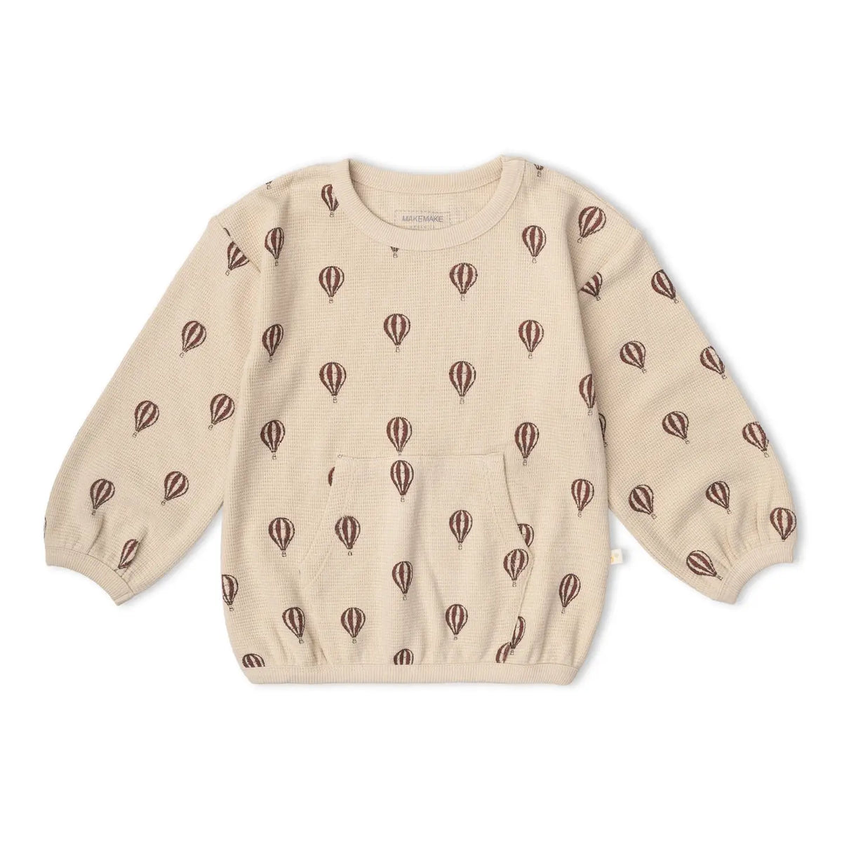Balloon Voyage organic long-sleeve tee with hot-air balloon print.