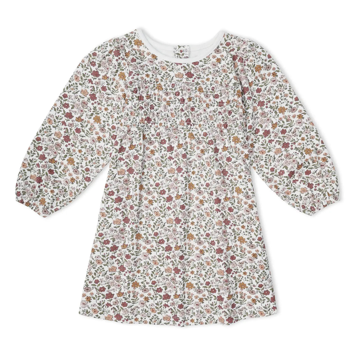 Makemake Organics Organic Smocked Dress in Woodland Sprig floral print with long sleeves.